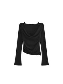 二合一吊带褶皱露肩长袖T恤，新款韩版短款上衣 - 黑色 - 查看 5