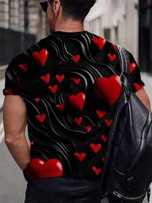 Plus Size Big & Tall Men's Black Tee With 3D Red Heart & Flowing Line Print, Loose Fit Short Sleeve Shirt For Valentine's Day - Black - View 2