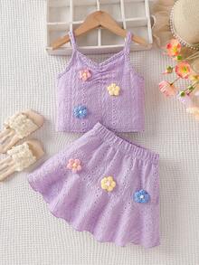 少女精致3D立体花卉吊带背心+半裙套装，适合度假和日常穿着 - 紫丁香色 - 查看 3