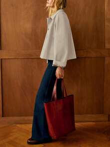 Women's Cropped Jacket, Trench Style Windbreaker With Plaid Lining, Designer Look Oversized Coat, Early Fall Casual Outerwear - 米色 - 查看 6