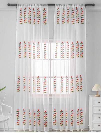 1pc Modern Minimalist Korean Style Pastoral Embroidered Colorful Beaded Voile Curtain For Living Room & Bedroom
