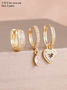 3PCS Fashion Zirconia Hollow Heart Earrings Set For Women 18K Gold Plated Piercing Earring Jewelry - 3 Pcs for One Ear - View 4