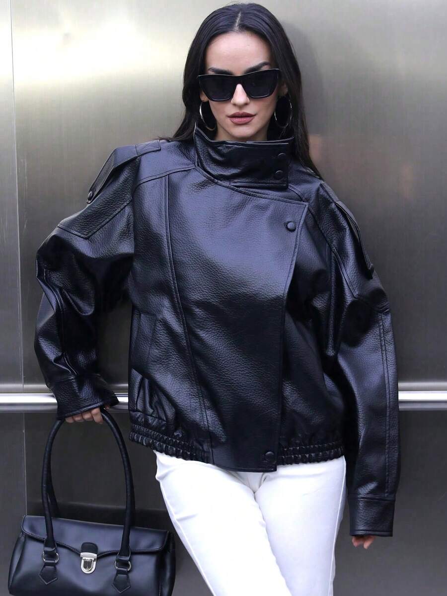 女士PU皮夹克，拉链闭合，长袖，飞行员夹克，秋冬外套 - 黑色 - 查看 1