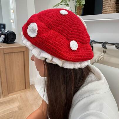 1pc Fashion Creative Handmade Halloween Christmas Knitted Russula Mushroom Hat