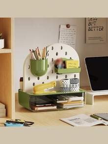 1pc Children's Desktop Pegboard Storage Box, Kids Desk Stationery Organizer Box, Office Drawer Pen Holder Organizer, 360° Rotation For Easy Access