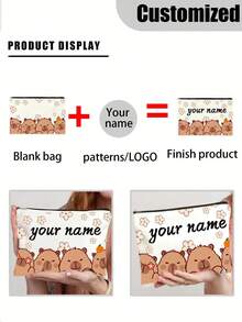 Custom Cosmetic Bag, Custom Letter Name Logo Storage Bag, Customizable Capybara Toiletry Bag With "Your Name" - Cute Cartoon Design, Can Be Customized According To Your Unique Design, Lightweight Zipper Cosmetic Bag, Coin Purse, Pencil Case, Perfect For Shopping, Dating, Vacation, Travel, Holidays, Parties Or As A Valentine'S Day Gift For Your Girlfriend