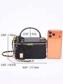 1 pieza Bolso de caja con acolchado de diamantes bordado de PU de moda, bolso cuadrado pequeño versátil con cremallera, bolso de mano de mujer con correa de cadena - Negro - Ver 3