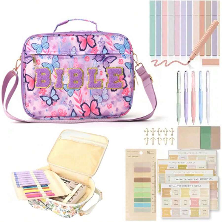 Bible Cover Case For Women Grils, Preppy Bible Bag With Adjustable Shoulder Strap, Waterproof Bible Carrying Tote Bags Holder For Bible Study Supplies Accessories & Christian Gifts - bướm tím - Xem 1