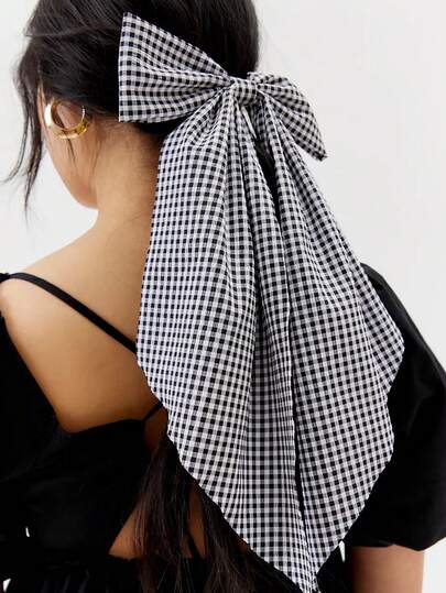 1个超大格纹蝴蝶结发夹 - 条纹撞色设计，长垂坠飘带，柔软缎面大蝴蝶结，女士甜美春夏发型配饰