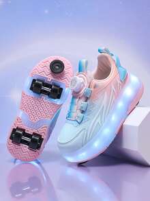 Girls' 4-Wheel Roller Skate Shoes, Children's Breathable Mesh Roller Skating Shoes, Dual Wheels Lightweight Durable Rollerskates With Brake, Fashionable Rotating Button Adjustable LED Light Up Shoes, USB Rechargeable With Light Switch, Detachable Wheels, 2-In-1 Roller Skates & Sneakers