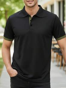 男士拼色四分之一鈕扣 Polo 衫，休閒週末 T-shirt，經典版型夏季運動上衣 - 黑色 - 查看 1