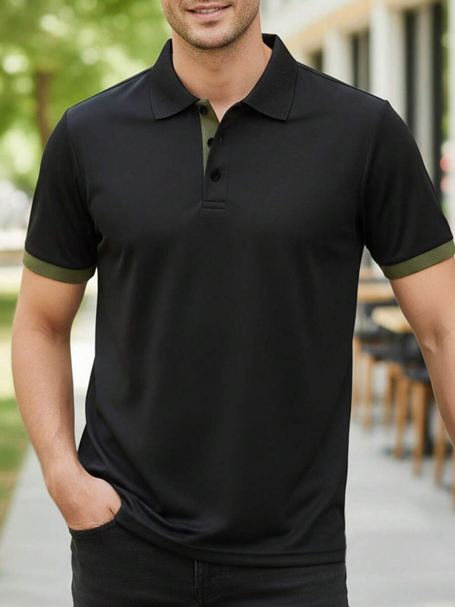 男士拼色四分之一鈕扣 Polo 衫,休閒週末 T-shirt,經典版型夏季運動上衣 - 黑色 - 查看 1