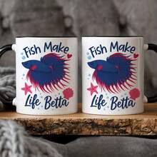 1pc 11oz Fish Make Life Betta Ceramic Mug - Blue & Red Betta Fish (Betta Fish) Design Coffee Tea Cup With Black & Lid-Like Glossy Edges, Microwave & Dishwasher, Aquarium-Themed Fish Lovers, Pet Owners, Birthdays - trắng - Xem 7