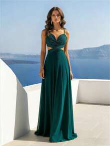 HOMEYEE 女士优雅长款雪纺鸡尾酒礼服，吊带领口，露背设计，喇叭裙摆 - 墨綠色 - 查看 3