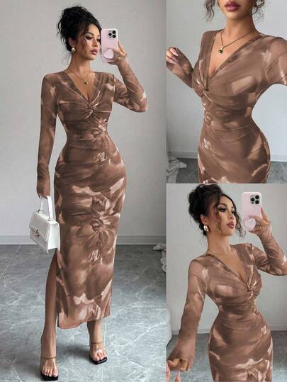 V-Neck Pleated Fitted Digital Print Mid-Length Dress, Suitable For Christmas, New Year, Daily Wear, And Dates