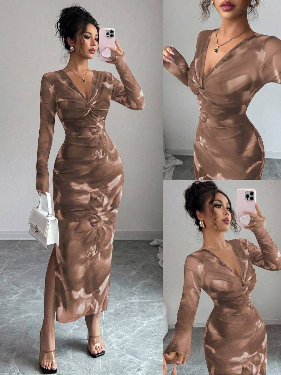 V领褶裥修身数码印花中长连衣裙，适合圣诞节、新年、日常穿着和约会。 - 咖啡 - 查看 1