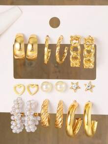 新款青少年金属油炸面团扭纹耳环套装 9 件套多对组合创意简约几何耳环 - 彩色 - 查看 2