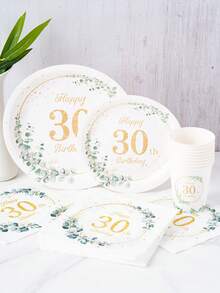 Eucalyptus Green & Gold 30th Birthday Party Disposable Tableware Set, Includes Plates, Napkins, Cups, Tablecloth, And Banners, Serves 8 Guests, Suitable For Birthday, Wedding, Theme Party, Family Picnic - Multicolor - View 3