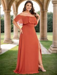 EVERPRETTY Plus Size High Slit Orange Off-Shoulder Elegant Bridesmaid Dress, Suitable For Spring/Summer Weddings, Parties And Valentine's Day Formal Occasions Party - Burnt Orange - View 6