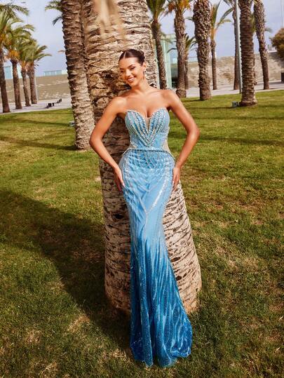 Faeriesty 华丽奢华的无肩带珠饰亮片美人鱼晚礼服 - V 领透视紧身胸衣，几何珠饰亮片点缀，飘逸曳地长裙 - 完美适用于红毯活动、盛大晚宴、婚礼宾客等场合