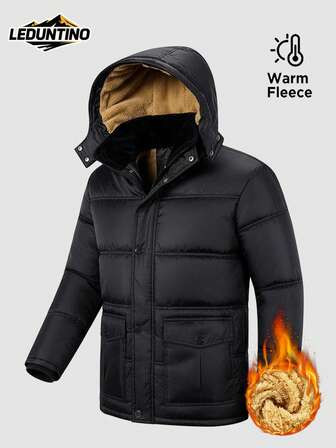 LEDUNTINO Chaqueta acolchada de algodón de moda para hombre, de unicolor con capucha, forro de felpa totalmente grueso, diseño con cremallera y botón ocultos, regalo perfecto para el padre en otoño/invierno