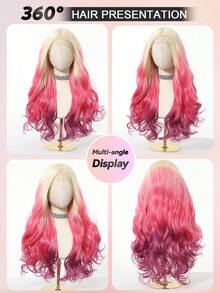 Perucă ondulată galbenă Ombre de 26 de inci, perucă sintetică multistrat cu aspect natural, păr din fibră de dantelă împletit manual de 13 * 4, potrivită pentru purtare zilnică, petrecere, nuntă, festival de muzică, cadou de Halloween - Multicolor - Vizualizare 3