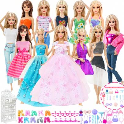 [50 Pcs Of Fashionable Set Outfits]11.5-Inch Doll Fashion Outfit Set,Comprising 2 Princess Dresses+3 Short Skirts+2 Swimsuits+5 Pieces Of Everyday Clothing+1 Shoe Rack+10 Pairs Of Shoes+10 Hangers+17 Random Accessories:Eyeglasses, Bag, Crown Necklace, Hair Accessories, And More.Perfect For 11.5-Inch Dolls From Various Brands! Ideal Gift Set For Children's Day, Christmas, Birthdays, And Other Special Occasions.