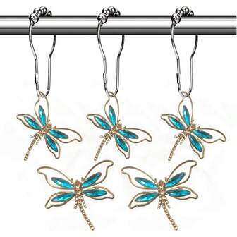 Transparent Dragonfly Shower Curtain Hooks - Brushed Nickel Rings With Rhinestone Dragonfly Pendant, Rust-Resistant Silver Metal Shower Curtain Hooks (Lake Blue)