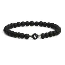 6mm Black Matte Stone Beaded Bracelet, 26 English Letter Charm Bracelet, Unisex - Bracelet - View 22