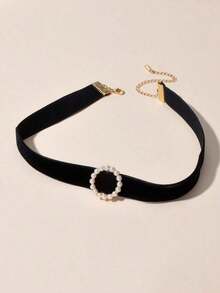 1 Pc Fashion Faux Pearl Decor Black Velvet Choker Necklace For Women Party Daily Prom Jewelry - 黑色 - 查看 1