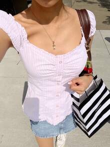 Women Button Down Lace Top V Neck Ruffle Low Cut Cap Sleeved Babydoll Cute Shirt Slim Fit Coquette Blouse - Hồng - Xem 3