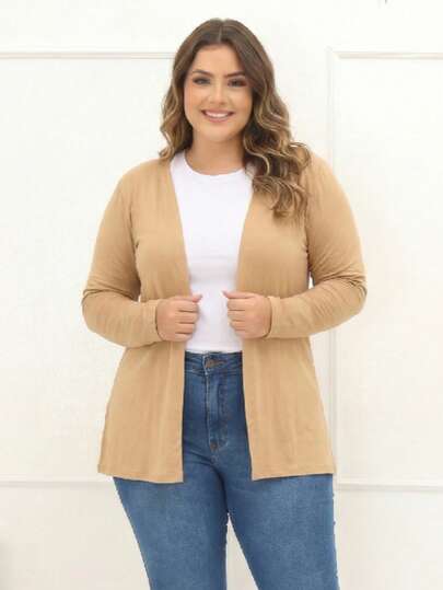 Casaco Cardigan Feminino Liso Fenda Plus Size Kimono