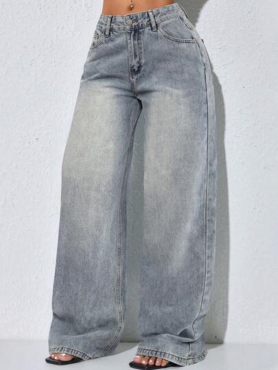 Quần jeans nữ ống rộng cạp cao, kiểu dáng thường ngày, đã qua xử lý giặt.