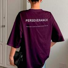 T-Shirt With "Perseverance" Print Lettering. Minimalist, Casual, Modern, Sophisticated, Simple, Basic, Summer, Oversized. - Burgundy - View 14