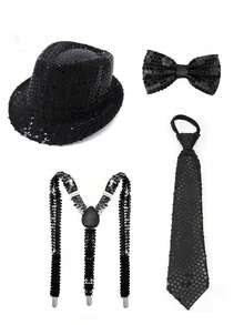 4件套70年代迪斯科表演道具：亮片帽、西部亮片毡帽、闪亮亮片帽、领带、领结、吊带套装、男女通用配饰套装、棒球帽、派对服装配饰套装（男士冬季头饰）