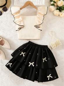 时尚夏季新款套装，方领荷叶边无袖上衣+高腰A字珍珠装饰裙，撞色设计，适合少女穿着 - 黑色 - 查看 1