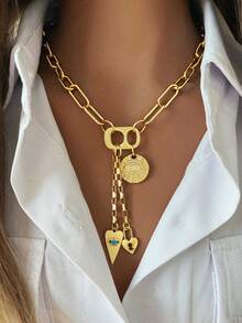 1 Pc Gold Women's Necklace, Paired With A Chain And Twisted Round Buckle, Designed To Be Small And Cute. The Design Of Another Necklace Includes Pull Ring Accessories, Devil's Eye Pendant, And Heart-Shaped Buckle Pendant. The Overall Style Is Elegant And Fashionable, Suitable For Wearing On Holidays. - Gold - View 4