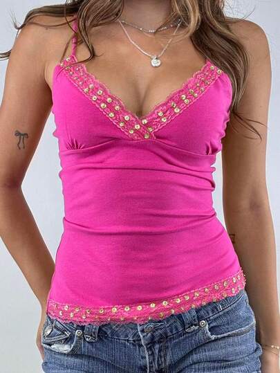 Y2K Style Solid Color Spaghetti Strap Backless Fitted Sexy Lace Camisole Top, Street Style Graduation, Suitable For Summer Beach, Dates, Music Festivals, 4th Of July And More Casual