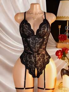 金属镂空爱心性感内衣套装，蕾丝边露背连体衣，含吊袜带，适合情人节派对惊喜礼物 - 黑色 - 查看 7