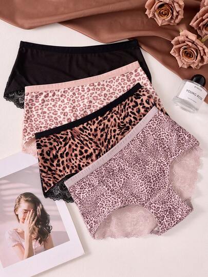 4条装女士性感撞色蕾丝豹纹透气低腰三角裤，四季皆宜