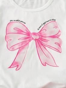 女婴情人节新品字母大蝴蝶结印花短袖圆领上衣+3D蝴蝶结装饰短裙套装，夏季 - 玫紅色 - 查看 4