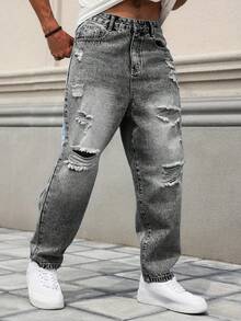 Jeans rectos con efecto desgastado para hombre - Gris Oscuro - Ver 5