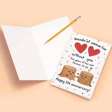 1pc "Woodn't Wanna Live Without You: Happy 5th Anniversary" Cute Tree Stump Couple Card – Sweet White Design With Playful Smiling Tree Stumps (Plus Heart Accents) And Punny, Warm Anniversary Text. Perfect For Gifting To A Partner On Your 5th Anniversary, Blending Silly Wordplay With Sincere "Forever" Affection. Cheerful, Charming Tone, Includes Red Envelope – A Delightful, Whimsical Card To Celebrate 5 Years Of Love And More To Come. - Multicolor - View 2