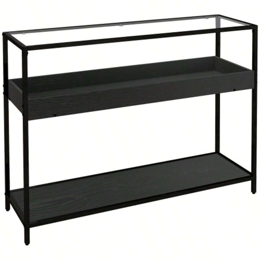 HOMCOM Console Table With 2 Shelves, Entryway Table With Glass Top, Shoe Rack, Steel, Black, 100 X 30 X 78 Cm - Black - View 1
