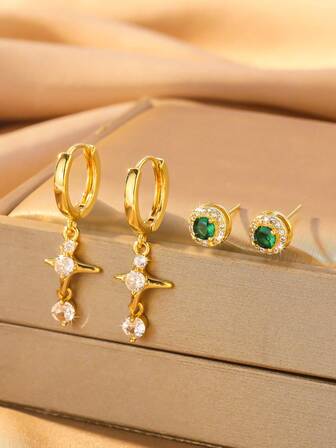 1对/2件装女士耳环，绿色镶嵌锆石，优雅时尚，适合日常佩戴、聚会和派对。