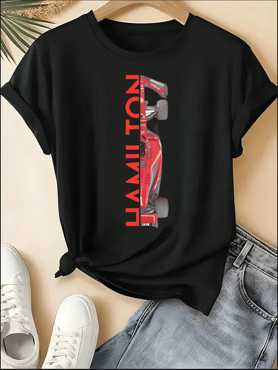 F1 Racing T-Shirt, Unisex Crew Neck VER 1 Print Short Sleeve Tee, Motorsport Racing Stripe Checkered Accent Casual Top, Sporty Style Machine Washable Shirt, Perfect For 4th Of July, Memorial Day, Labor Day, Father's Day, Back To School, Daily Wear, Race Day, Fan Gatherings, Birthday Gift For Son, Boyfriend, Dad, Niece, Spring Summer Outfits, Motorsport F1 Fan Apparel - Đen 3 - Xem 1