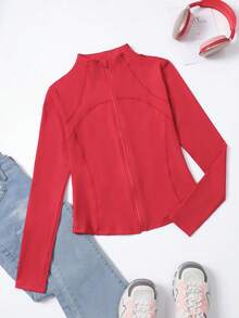 加大码拉链长袖运动夹克，女士紧身带拇指孔袖口，适合健身、瑜伽、跑步等运动，春季运动外套 - 紅色 - 查看 4