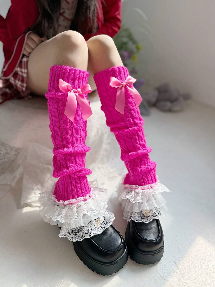 1双女士玫红色洛丽塔蝴蝶结蕾丝边针织腿套 - 玫紅色 - 查看 1