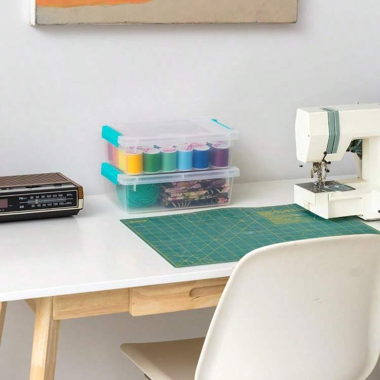 NEW  Contenedores de Plástico de 2 L con Tapa Paquete de 6 Bin Sensorial Pequeño Almacenamiento de Manualidades Contenedor Organizativo para Hogar Apilables Transparente - TransparenteAzulAguamarina - Añade 3