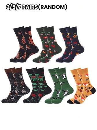 2/5/7 Pairs Random Fashionable Versstile Creative AB Asymmetrical High Top Socks With Cartoon Animal, Tool, And Character Patterns